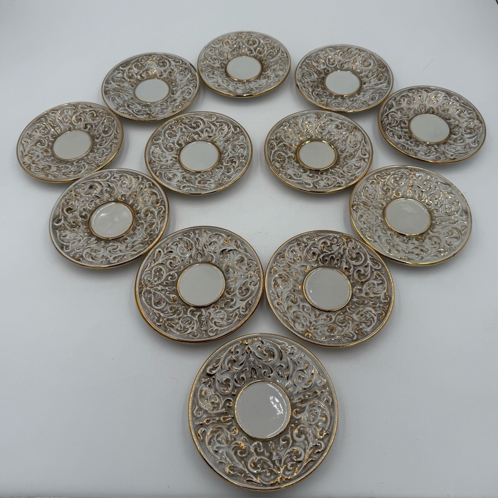 Vintage 12 Piece Capodimonte Italy Porcelain Saucers Gold Gilt
